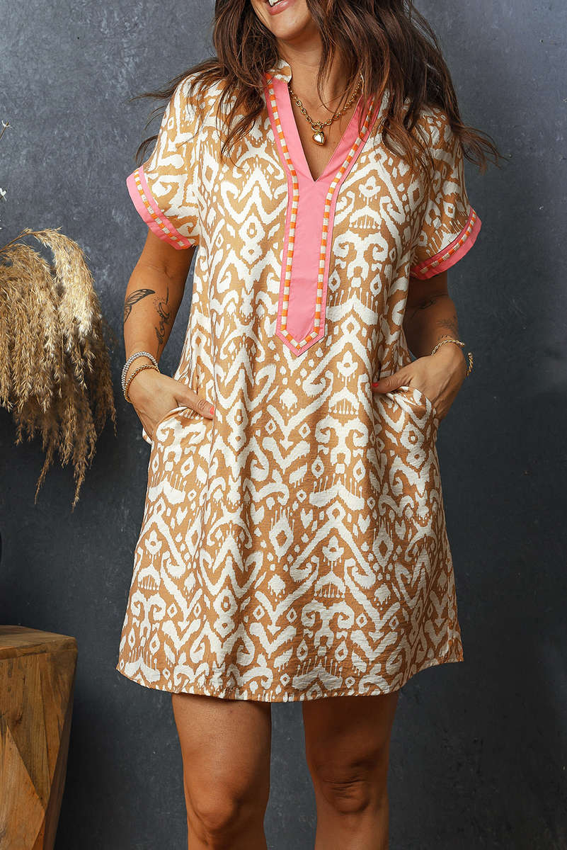 Khaki Western Fashion Print Striped Color Block Patchwork Shift Mini Dress