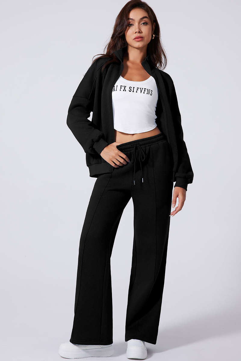 Black Drop Shoulder Zip Up Jacket Drawstring Pants Active 2pcs Set