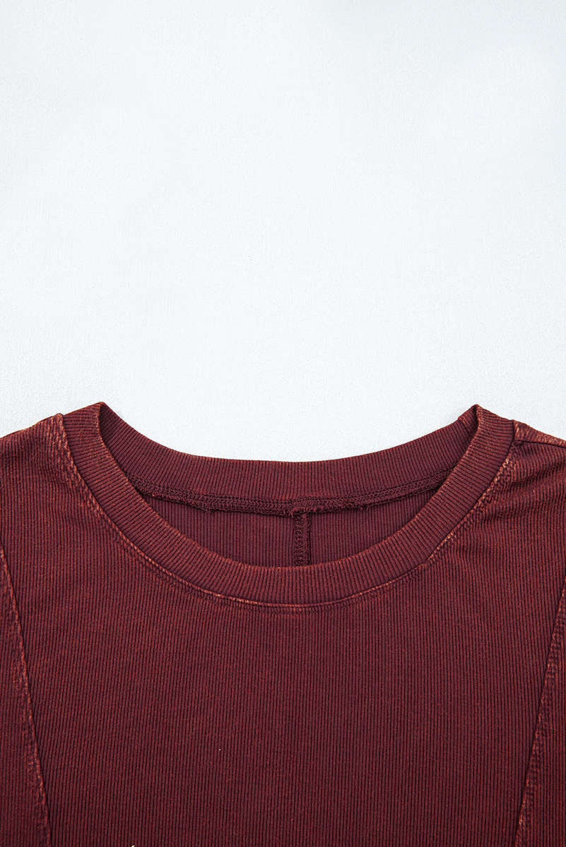 Burgundy Exposed Seam Ribbed Long Sleeve Top
