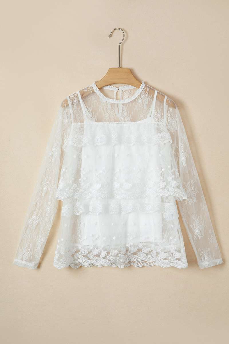 White 2pcs Sheer Floral Lace Ruffle Tiered Patchwork Blouse