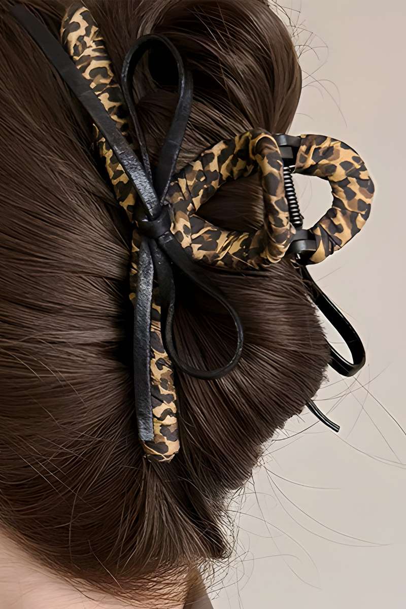Thai Curry Leopard Cloth Wrap Over Contrast Bow Detail Hair Claw Clip