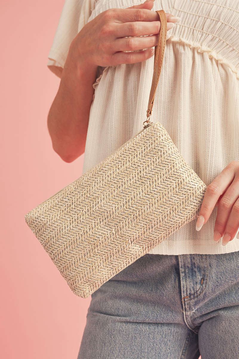 Oatmeal Straw Woven Wrist Strap Zipper Large Wallet