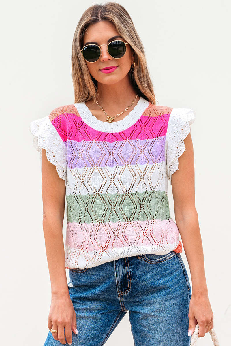 Rose Stripe Colorblock Hollowed Knit Scallop Edge Sweater Vest