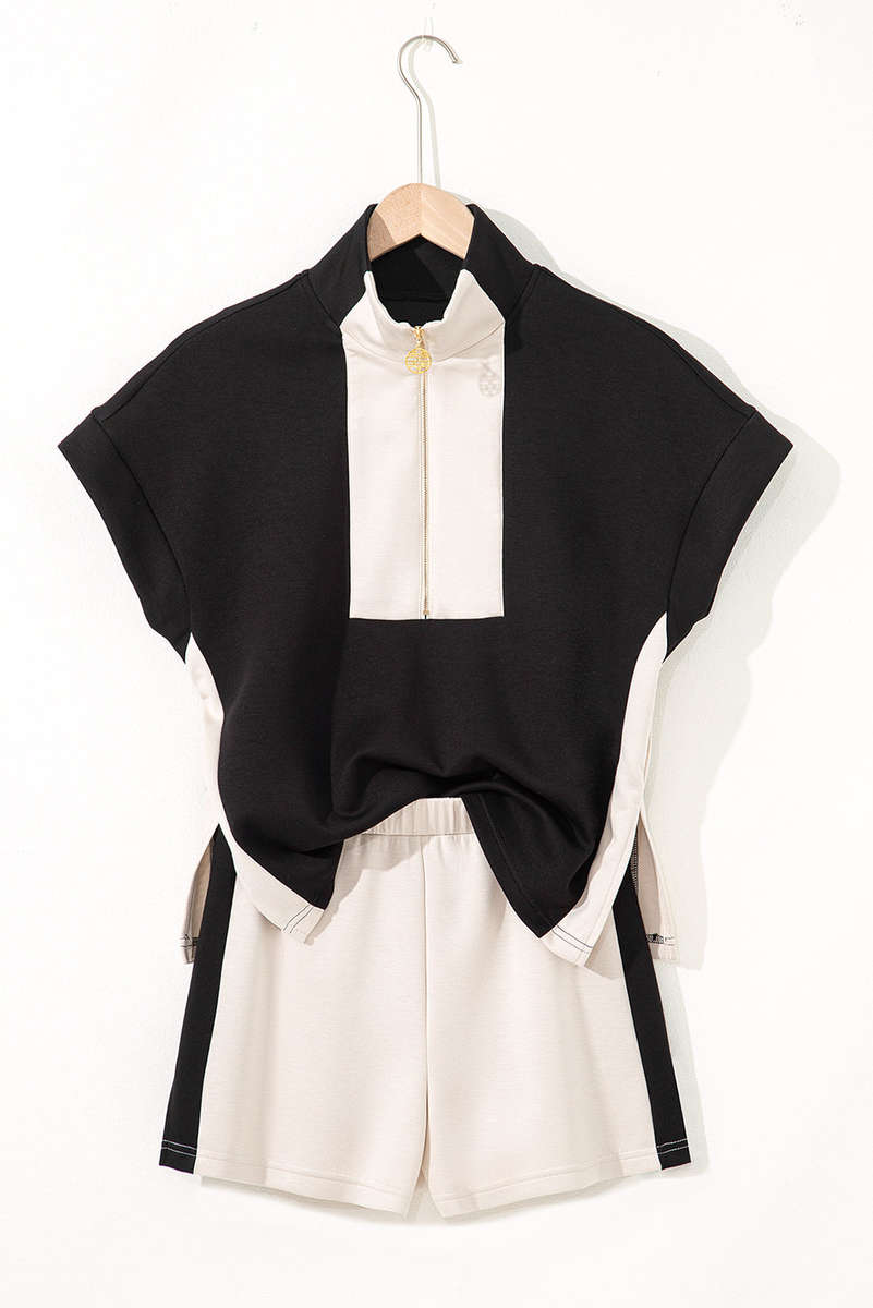 Black Contrast Zipped Stand Collared T Shirt and Short Set