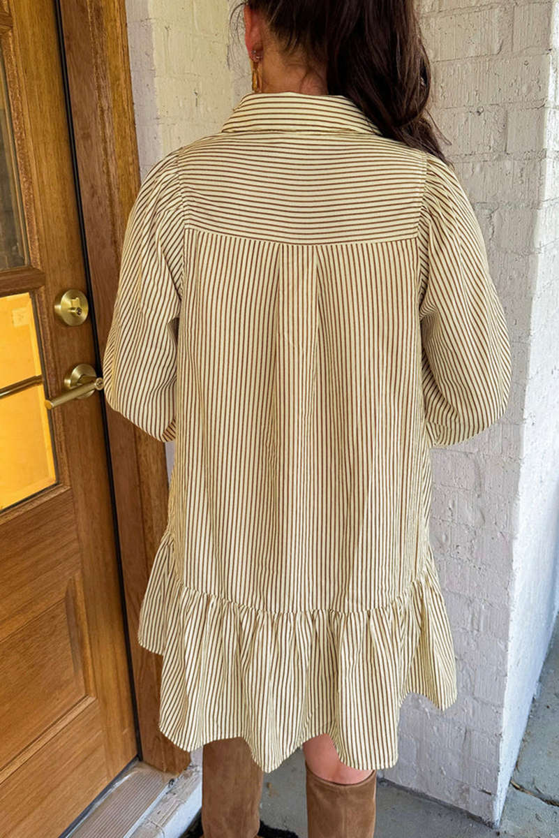 Brown Stripe Collared Neck Cuffed Long Sleeve Drop Waist Mini Dress