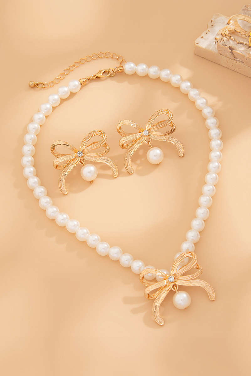 Gold Rhinestone Pearl Bow Decor Plated Necklace and Earrings Set