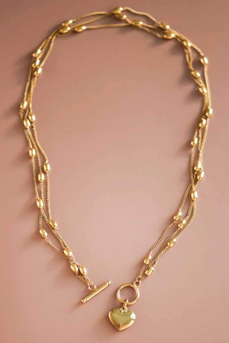 Gold Heart Toggle Charm Beaded Chain Triple Layered Necklace