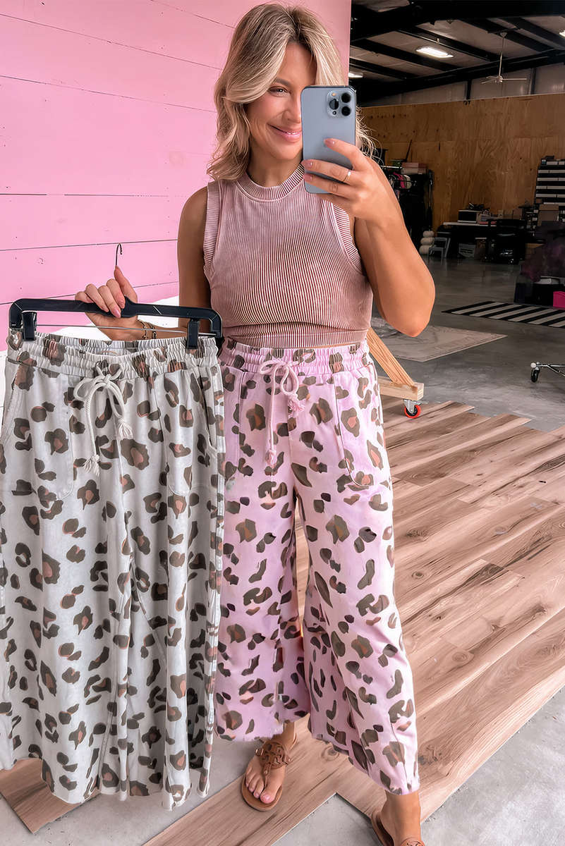 Beige Drawstring Leopard Print Patch Pocket Loose Pants