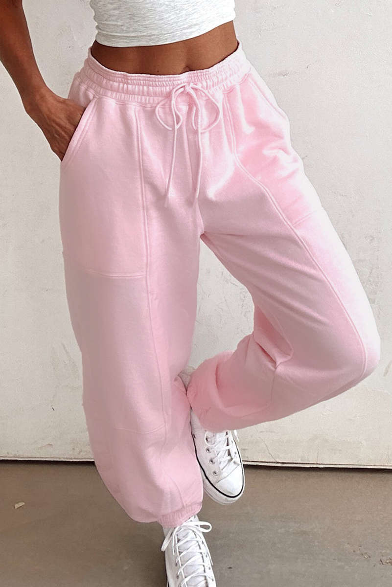 Light Pink Drawstring Elastic Waistband Solid Color Jogger Pants