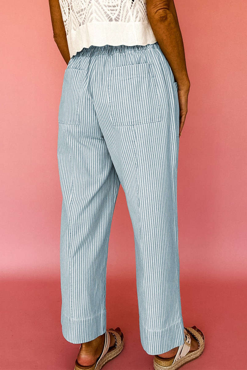 Sky Blue Stripe Mid Rise Drawstring Waist Jeans