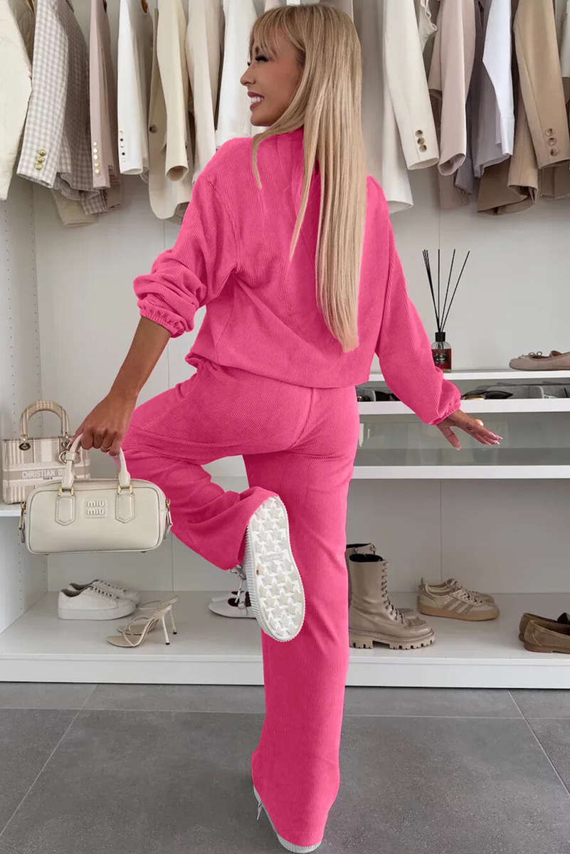 Peach Blossom Half Button Pullover Drawstring Pants Solid Color Corduroy 2pcs Outfit