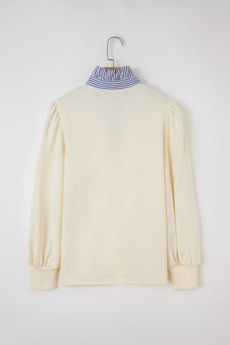 White Button Striped Collar Patchwork Puff Sleeve Sweatshirt