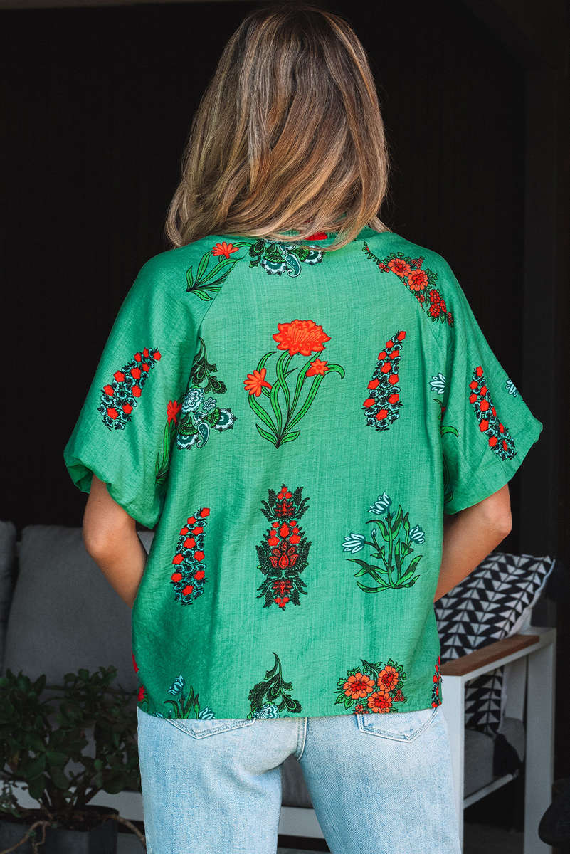 Bright Green Floral Print Buttoned V Neck Short Sleeve Blouse
