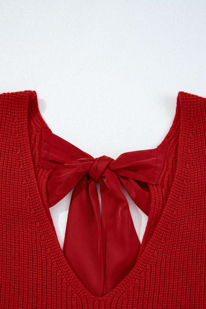 Racing Red Lantern Sleeve V Neck Knot Back Sweater