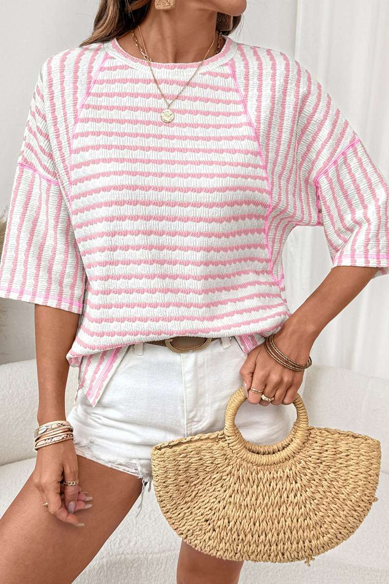 Pink Stripe Textured Knit Split Hem Half Sleeve Loose Top