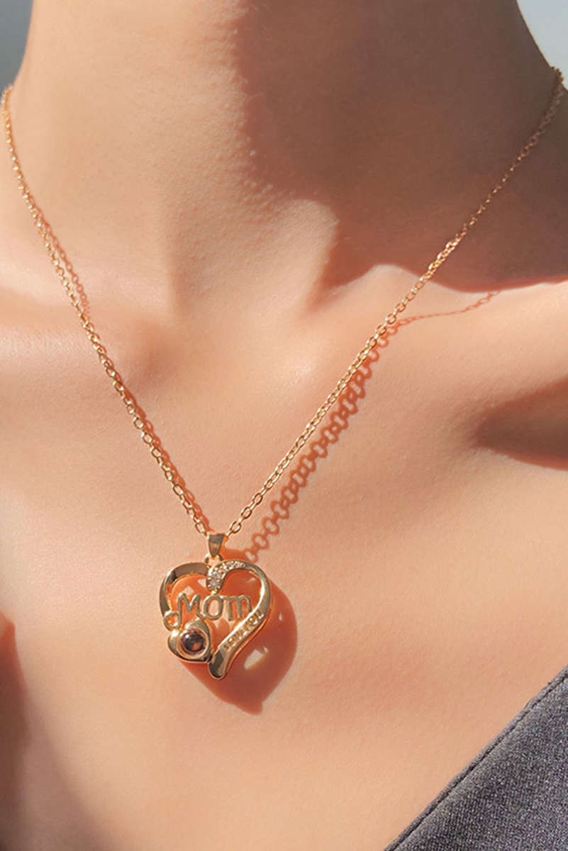 Gold Mom Heart Shape Crystal Decor Alloy Pendant Necklace