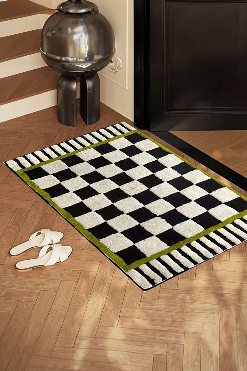 Spinach Green Square Trim Plush Checkered Striped Bath Rug