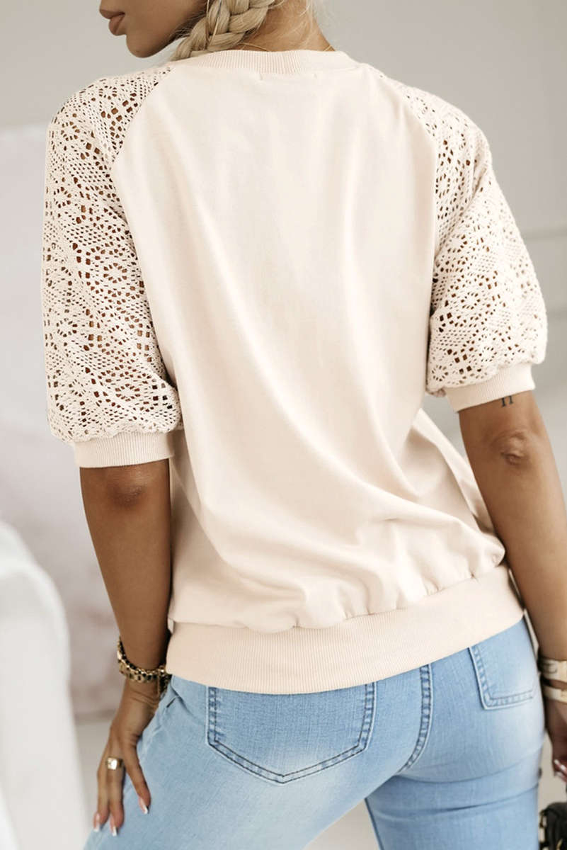 Jet Stream Lace Crochet Short Sleeve Round Neck T Shirt