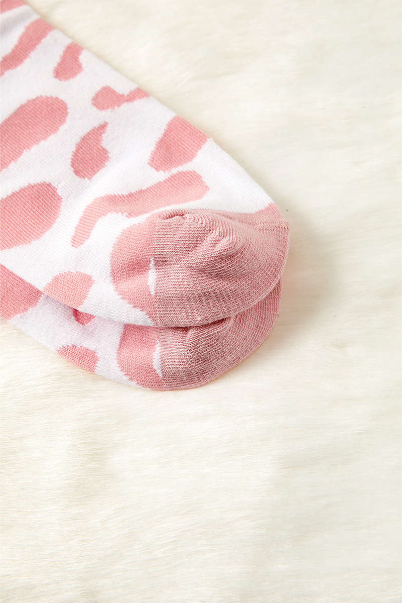 Pink Cow Print Ribbed Detail Crew Socks