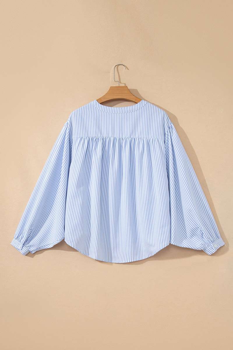 Sky Blue Stripe Floral Embroidered Billowy Sleeve Tunic Baggy Shirt
