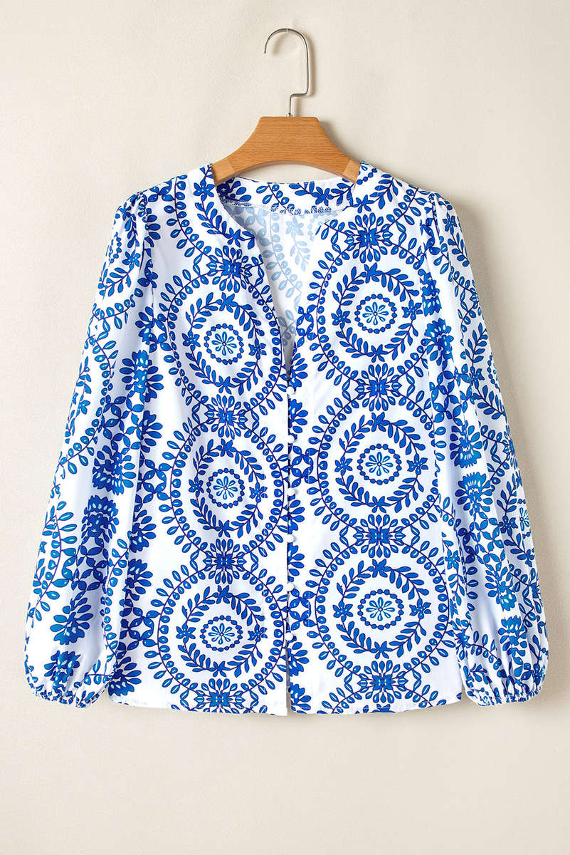 Sky Blue Vintage Geometric Printed Puff Sleeve Slit V Neck Shirt