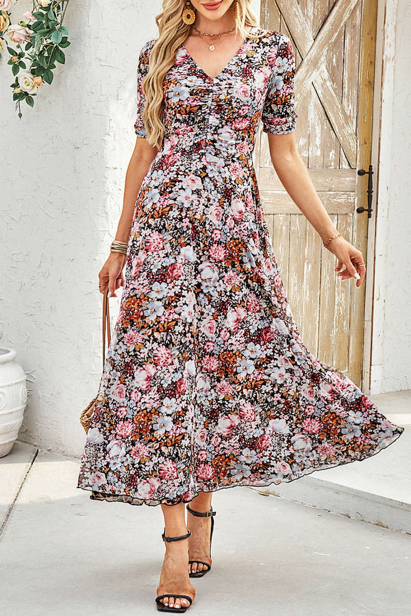 Brown Mesh Leopard Floral Reversible V Neck Short Sleeve Dress