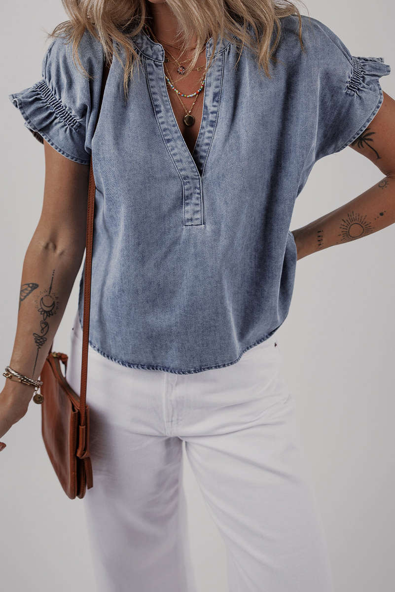 Dusk Blue V Neck Ruffled Short Puff Sleeve Denim Top