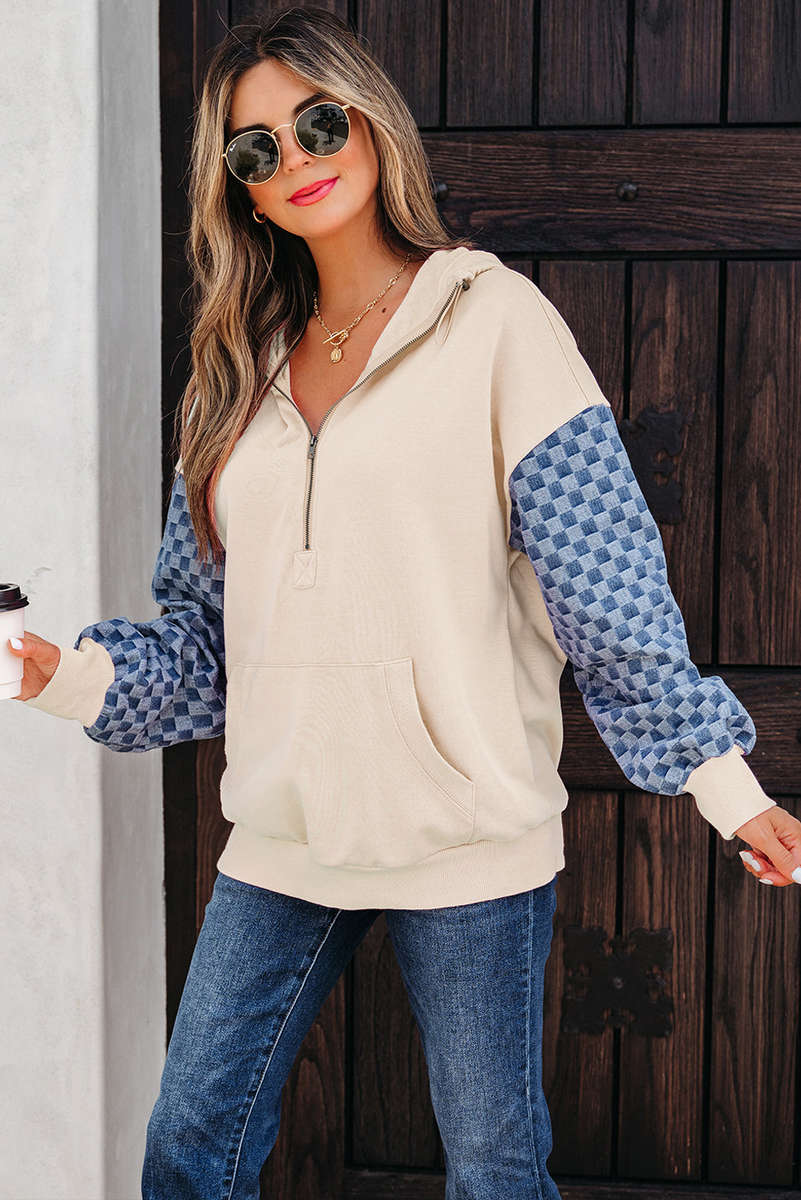 Parchment Checkered Patchwork Kangaroo Pocket Half Zipper Hoodie