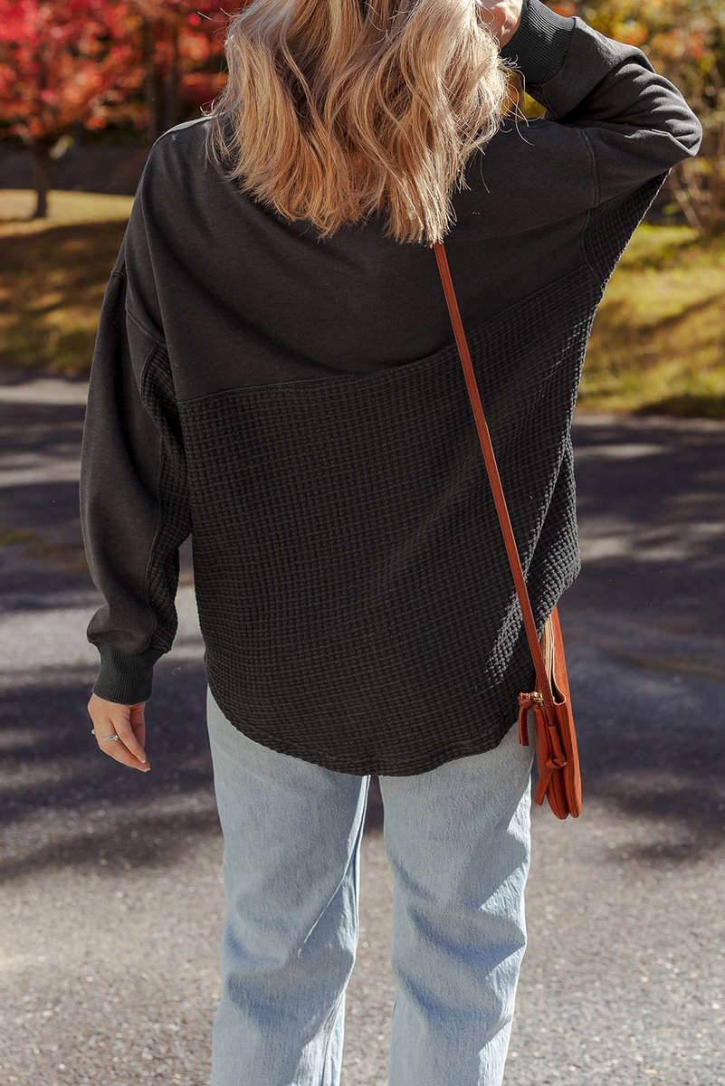 Carbon Grey Waffle Knit Patchwork Half Zipped Casual Sweatshirt