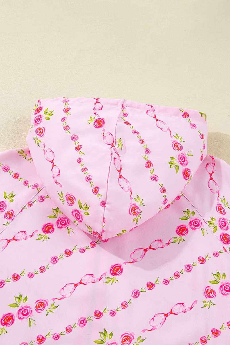 Pink Floral Print Half Zip Kangaroo Pouch Drawstring Hoodie