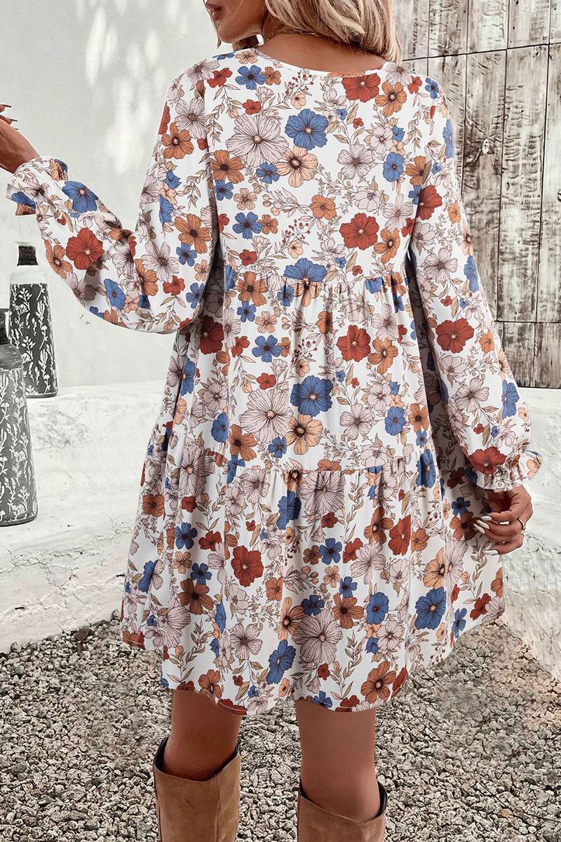 Khaki Tiered Floral Round Neck Ruffled Long Sleeve Dress