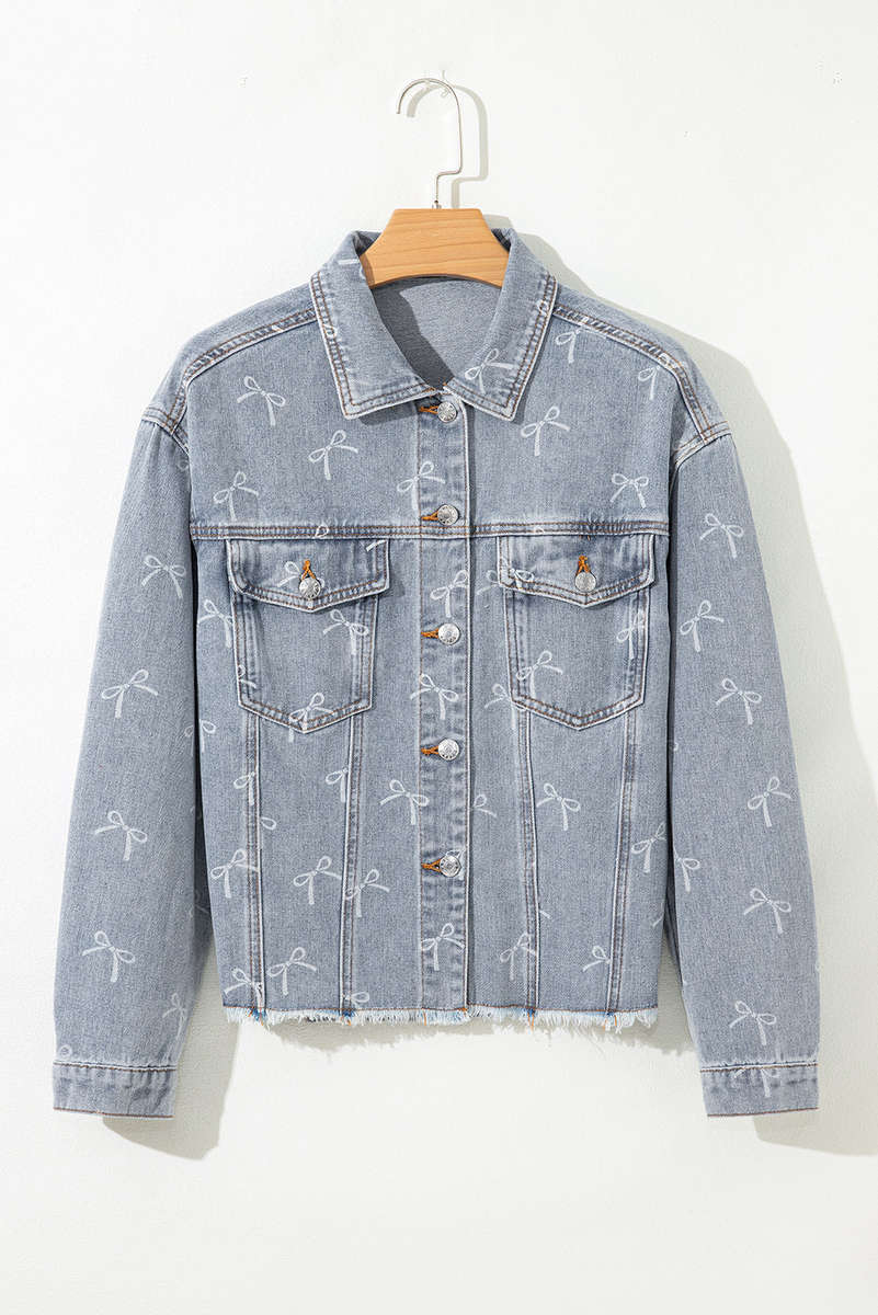 Sky Blue Bow Knot Print Light Wash Raw Hem Denim Jacket