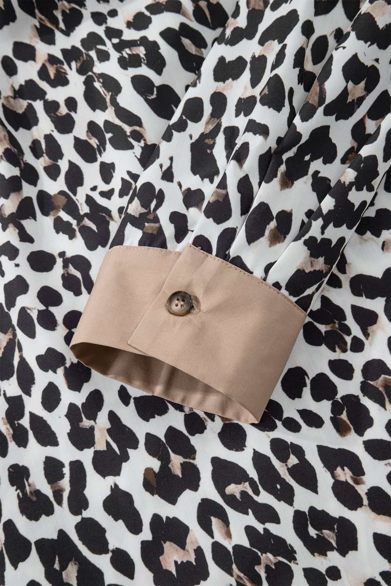 Multicolour Leopard Print Contrast Trim Button Split Neck Plus Long Sleeve Top