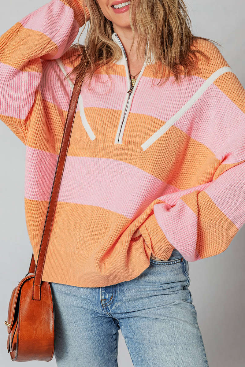 Orange Stripe Colorblock Half Zip Oversize Sweater