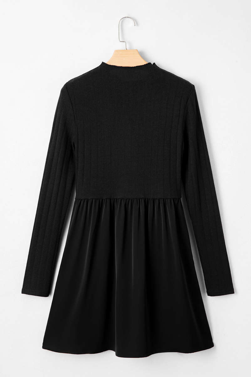 Black Frilled Neck Ribbed Knit Patchwork Long Sleeve Mini Dress