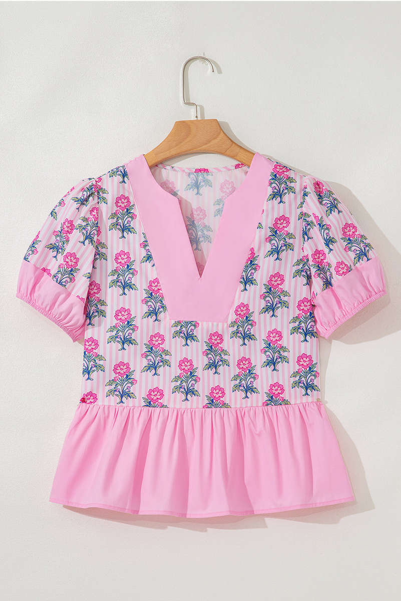Rose Floral Striped Print Contrast Patchwork Ruffle Hem Blouse