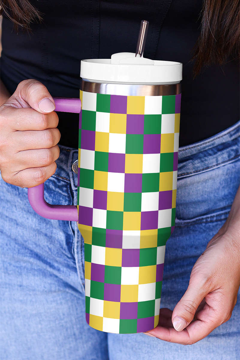 Tillandsia Purple Checkered Print Handle Large Vacuum Cup 40OZ
