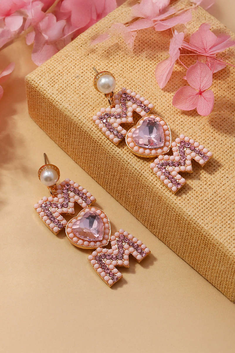 Light Pink Rhinestone Beaded Heart MOM Earrings