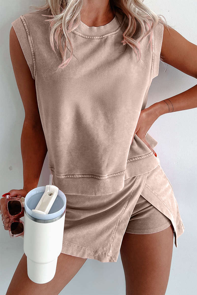 Smoke Gray 2 Pieces Mineral Wash Cotton Tank Top Lined Split Skirt Set