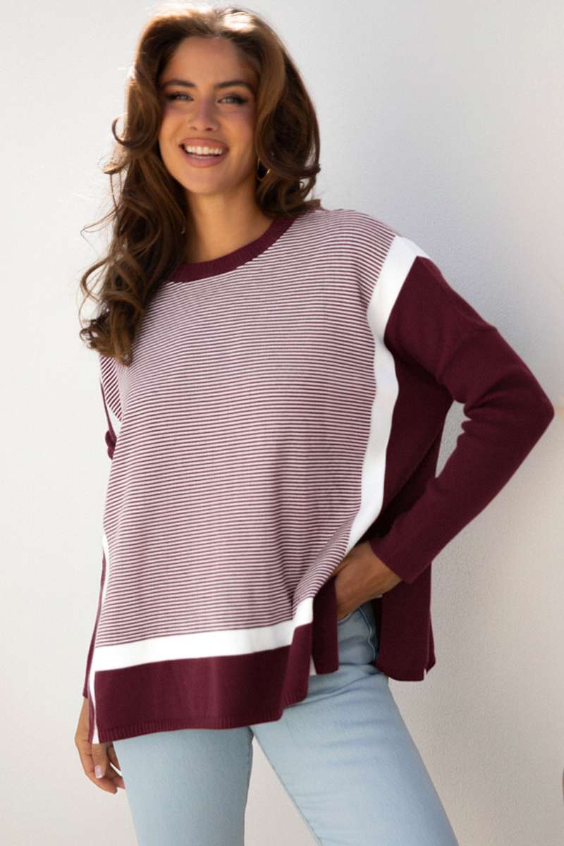 Red Stripe Color Block Patchwork Dolman Oversize Tunic Sweater