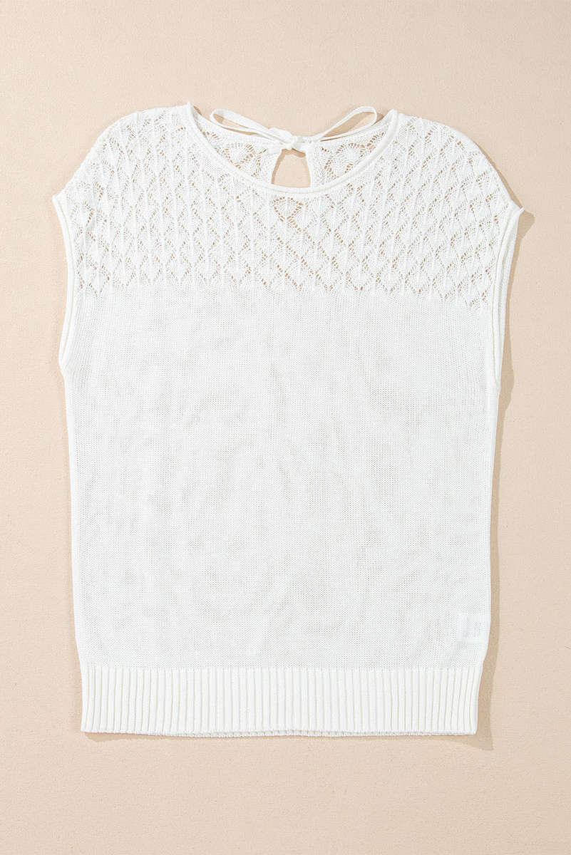 White Eyelet Knit Tied Back Short Sleeve Sweater