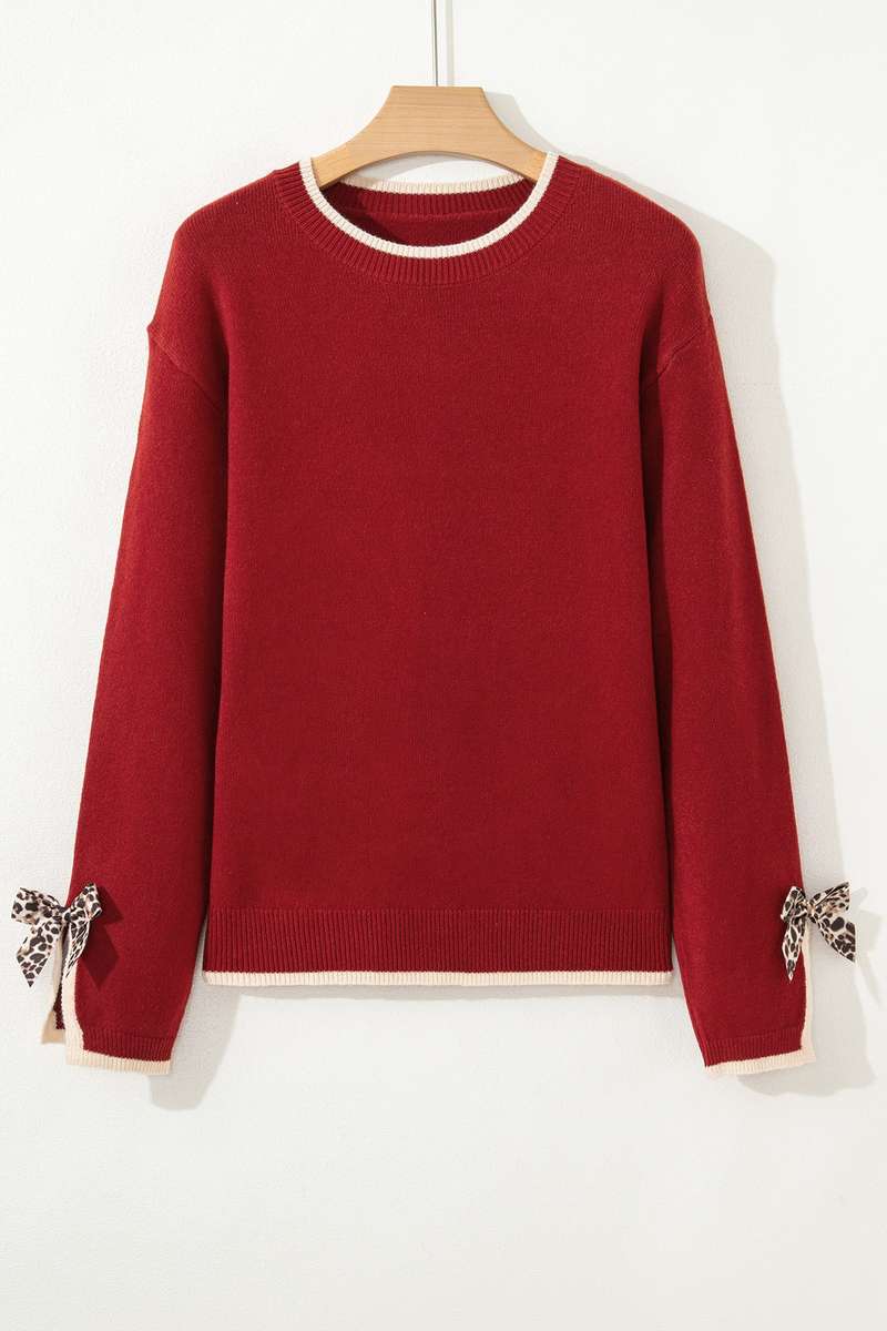 Racing Red Leopard Bow Decor Split Cuff Contrast Trim Sweater