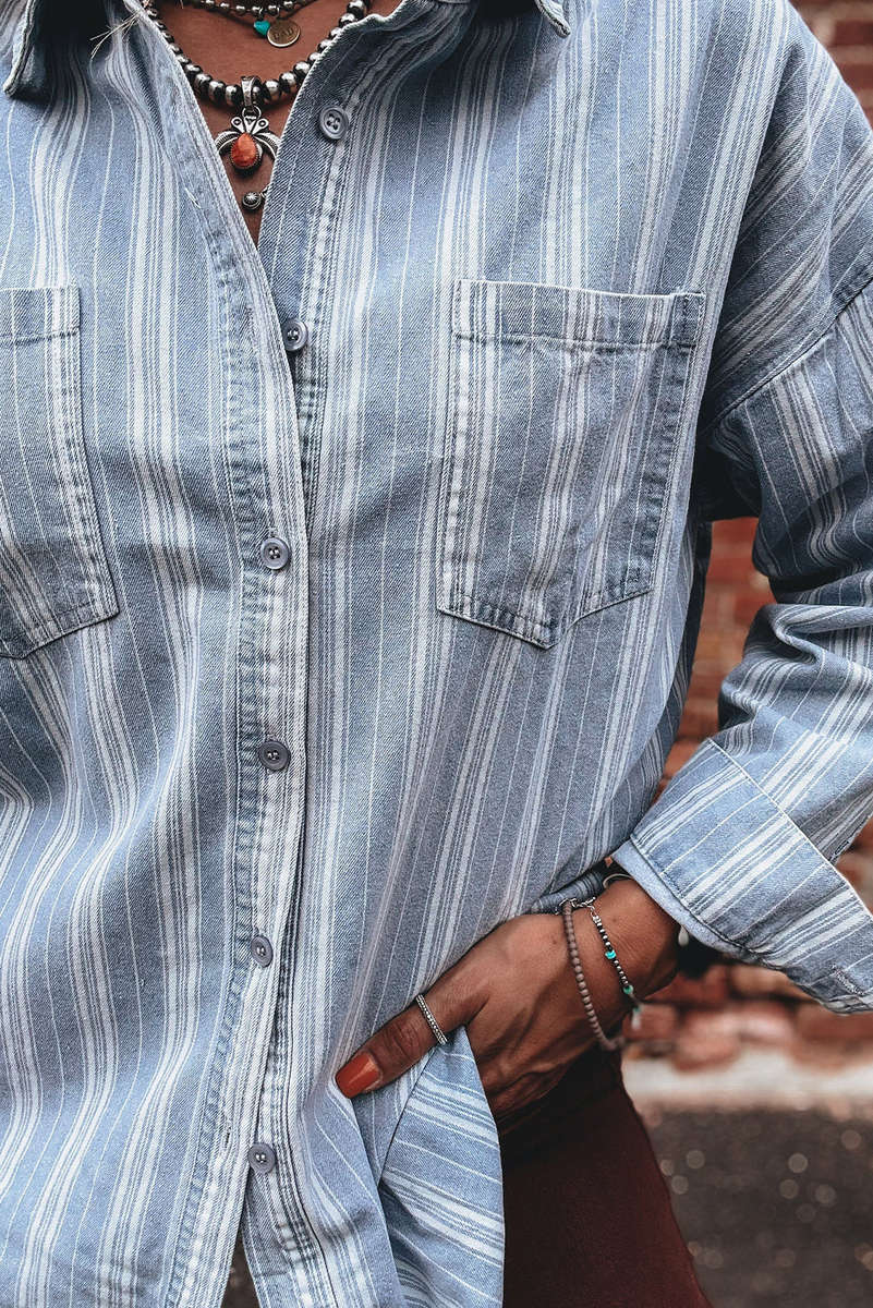 Sky Blue Stripe Boyfriend Chest Pocket Classic Denim Shacket