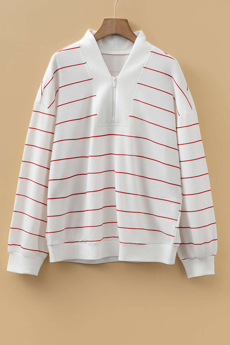 Fiery Red Zip V Neck Casual Stripe Print Drop Shoulder Long Sleeve Top