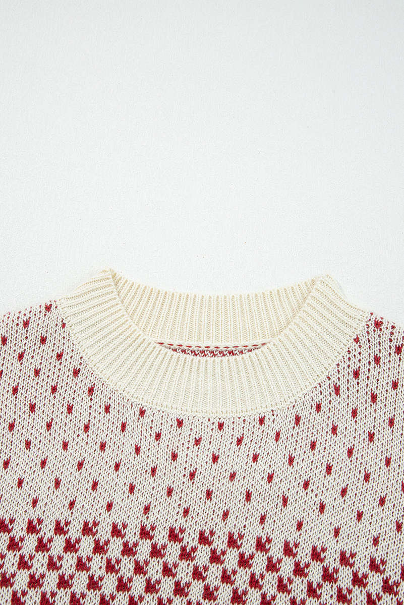 Red Contrast Color Pattern Lantern Sleeve Sweater