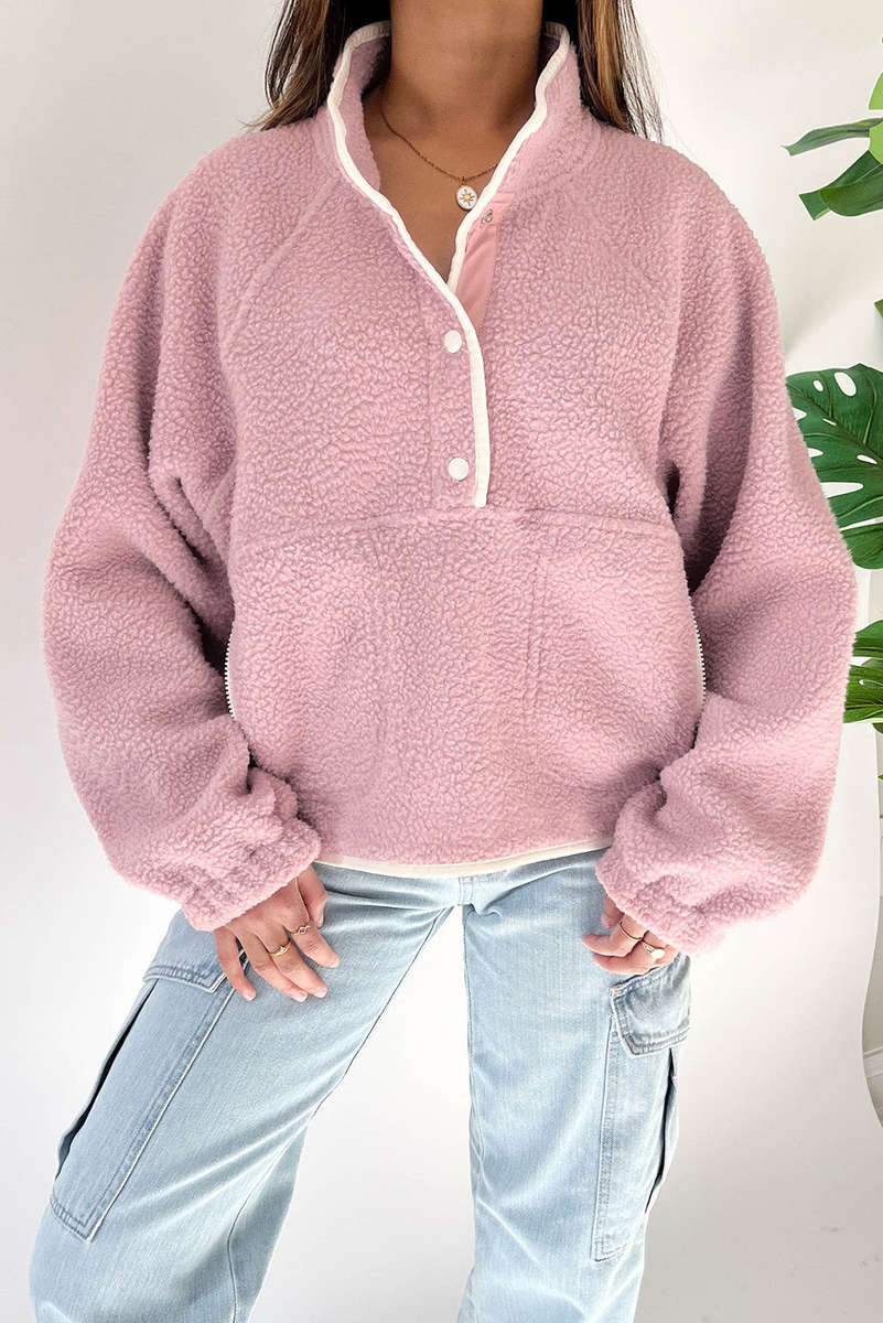 Fushia Stand Neck Half Button Zip Pocket Plush Sweatshirt