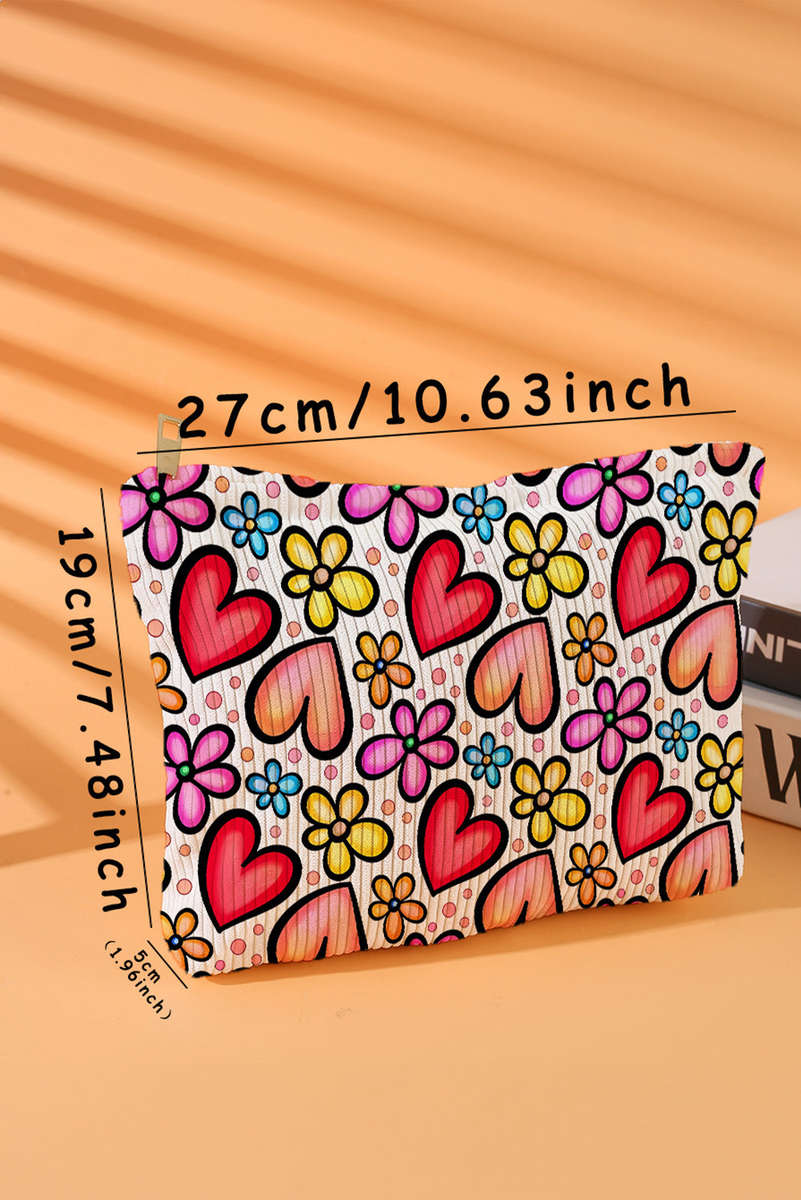 Fiery Red Heart Flower Print Corduroy Large Makeup Bag