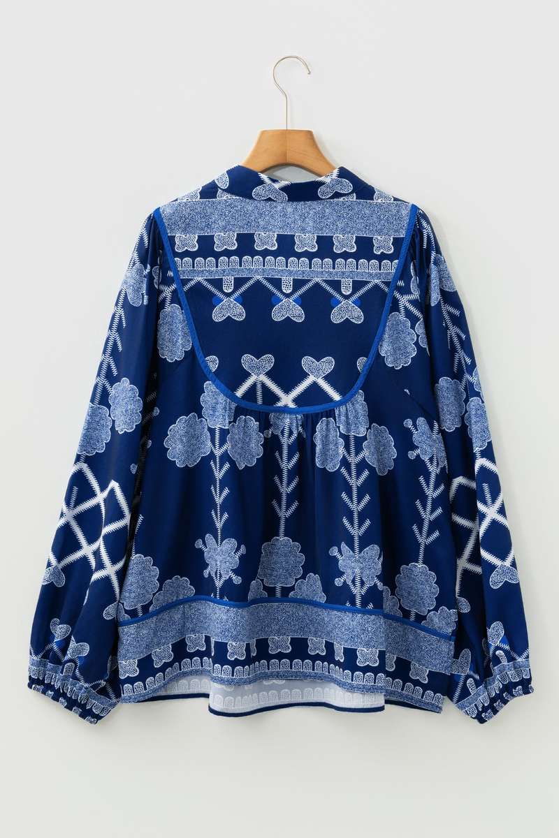 Blue Plus Size Floral Printed Notched Neck Long Sleeve Blouse