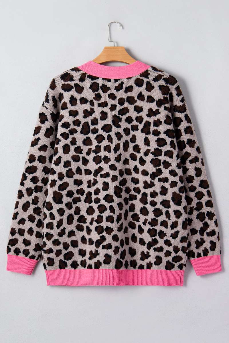 Khaki Oversize Color Block Trim Button Down Leopard Print Cardigan