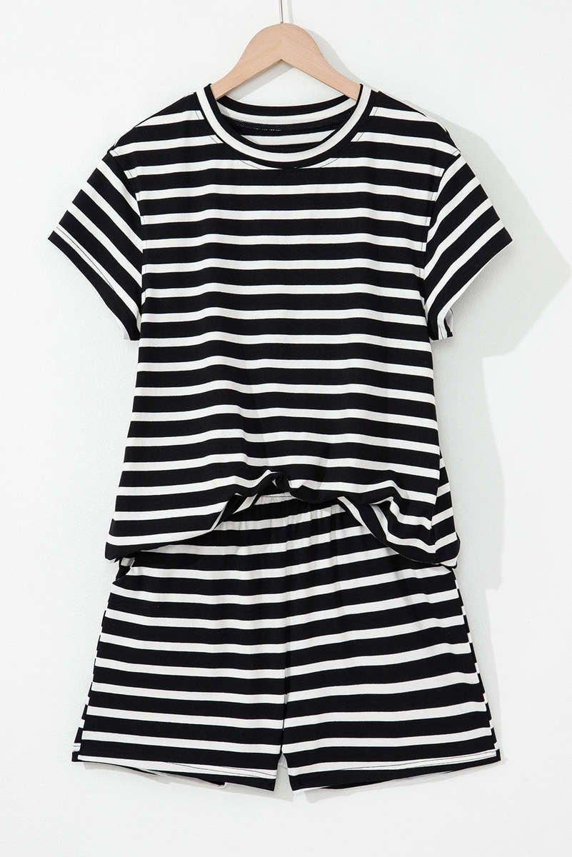 Black White Striped Short Sleeve Top and Shorts Set